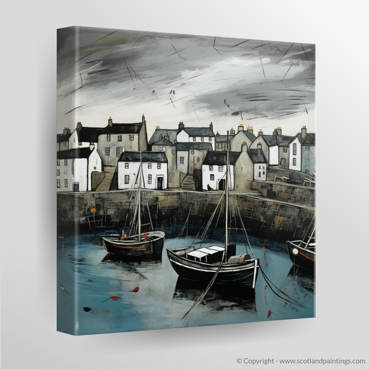 Painting and Art Print of Portsoy Harbour with a stormy sky. Stormy Skies Over Portsoy Harbour.