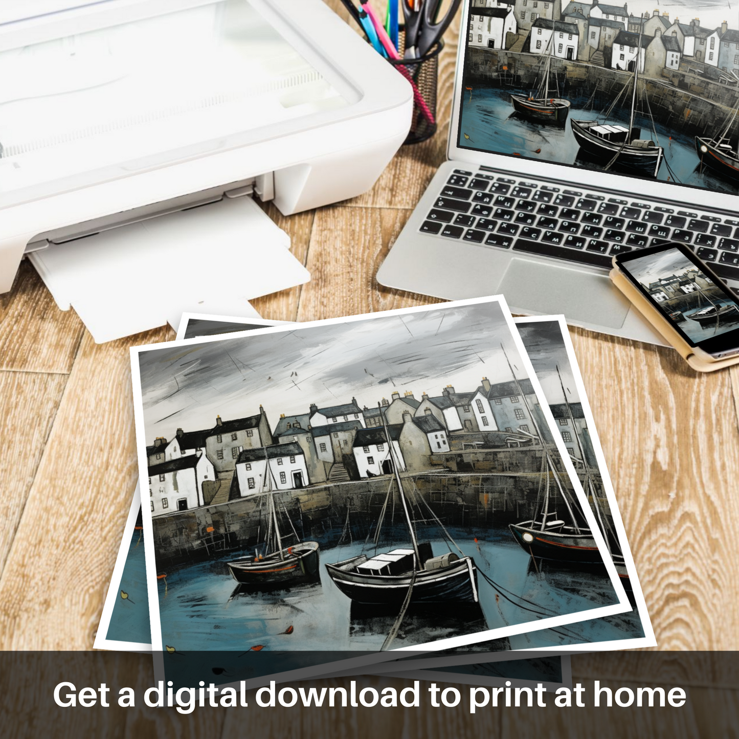 Painting and Art Print of Portsoy Harbour with a stormy sky. Stormy Skies Over Portsoy Harbour.