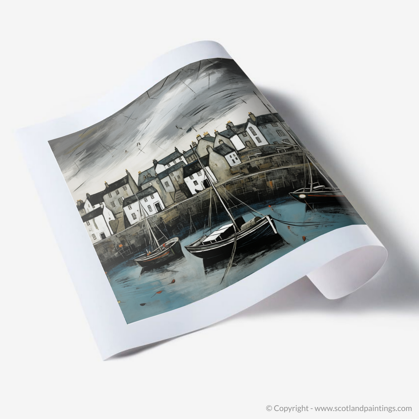 Painting and Art Print of Portsoy Harbour with a stormy sky. Stormy Skies Over Portsoy Harbour.