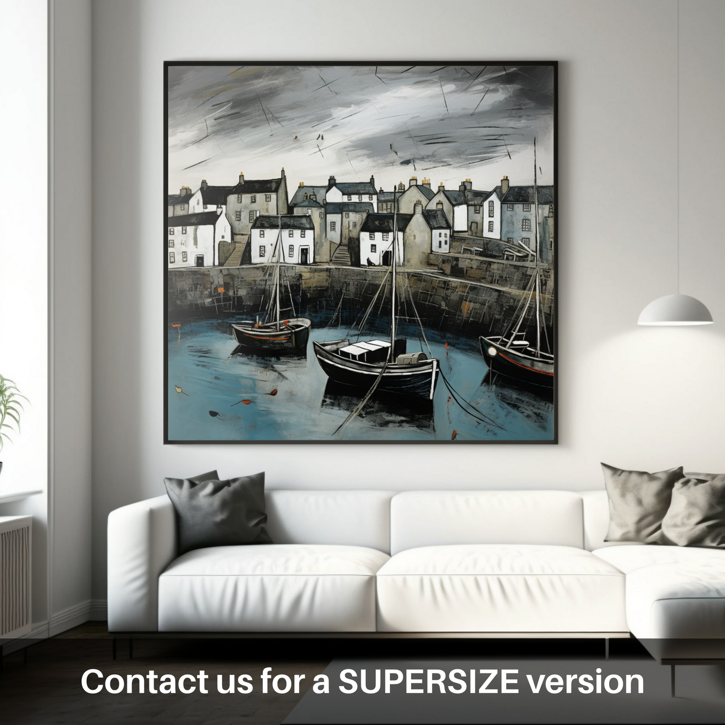 Painting and Art Print of Portsoy Harbour with a stormy sky. Stormy Skies Over Portsoy Harbour.