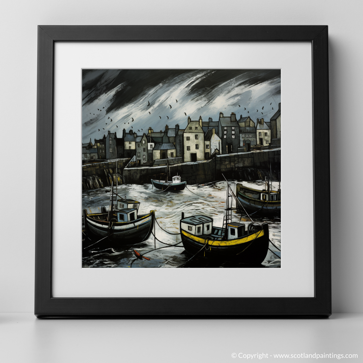 Painting and Art Print of Portsoy Harbour with a stormy sky. Stormy Serenade at Portsoy Harbour.