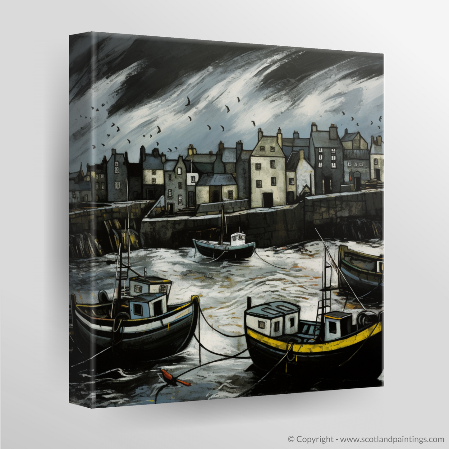 Painting and Art Print of Portsoy Harbour with a stormy sky. Stormy Serenade at Portsoy Harbour.