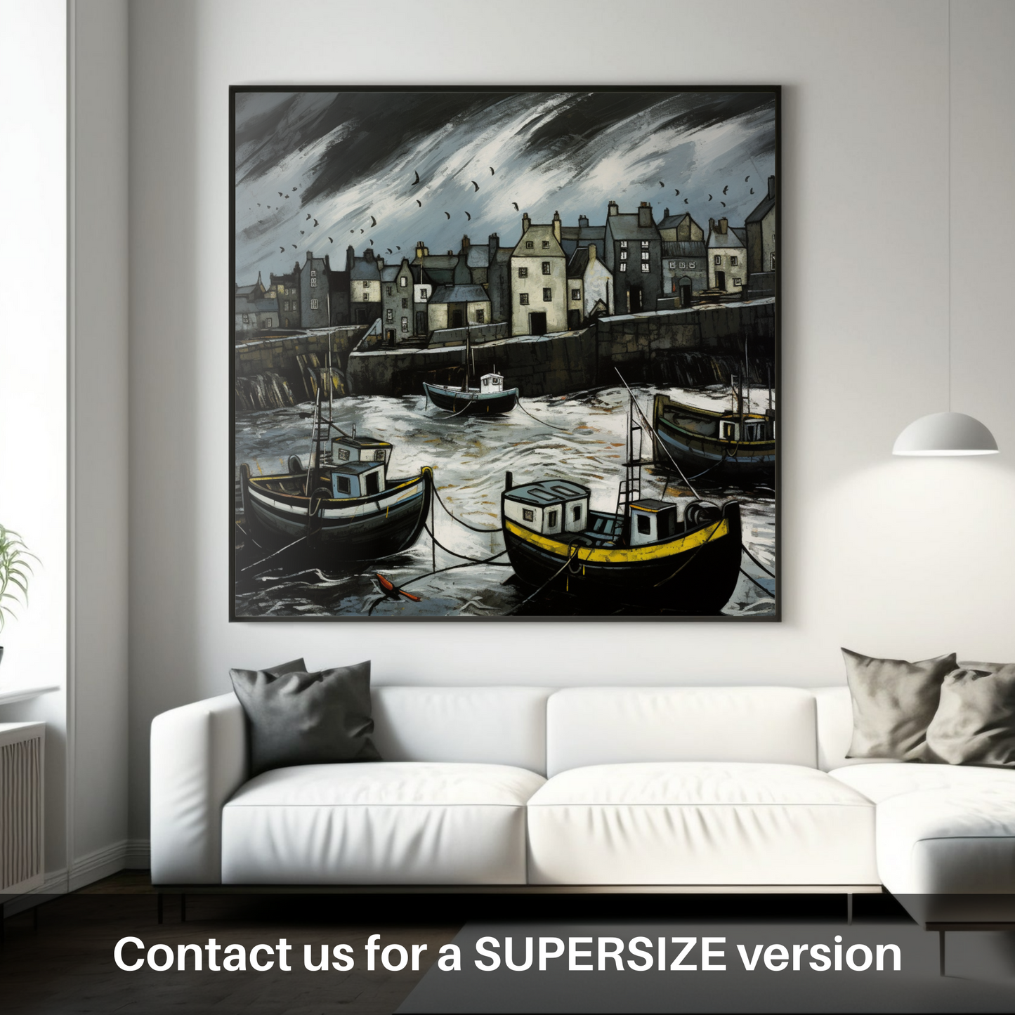 Painting and Art Print of Portsoy Harbour with a stormy sky. Stormy Serenade at Portsoy Harbour.