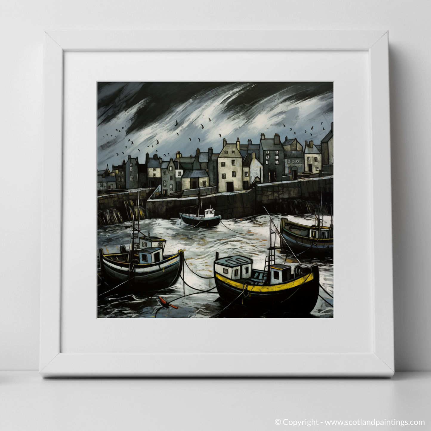 Painting and Art Print of Portsoy Harbour with a stormy sky. Stormy Serenade at Portsoy Harbour.