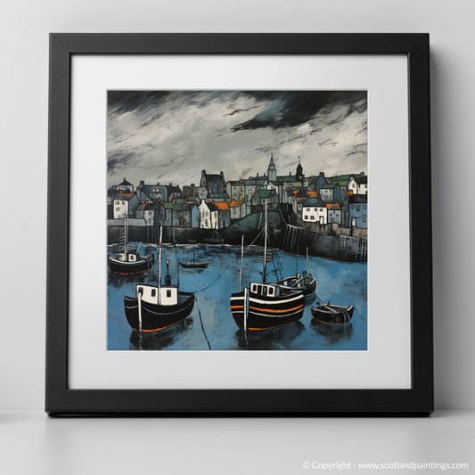 Painting and Art Print of Portsoy Harbour with a stormy sky. Stormy Skies over Portsoy Harbour: An Illustrative Expressionist Tribute.