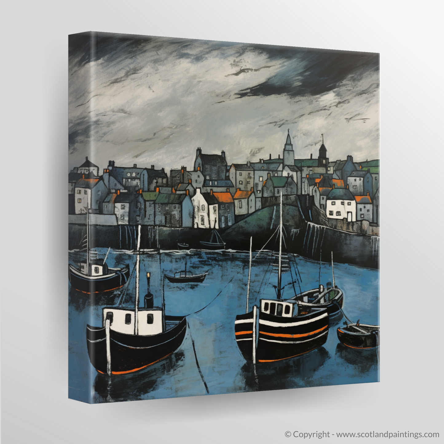 Painting and Art Print of Portsoy Harbour with a stormy sky. Stormy Skies over Portsoy Harbour: An Illustrative Expressionist Tribute.