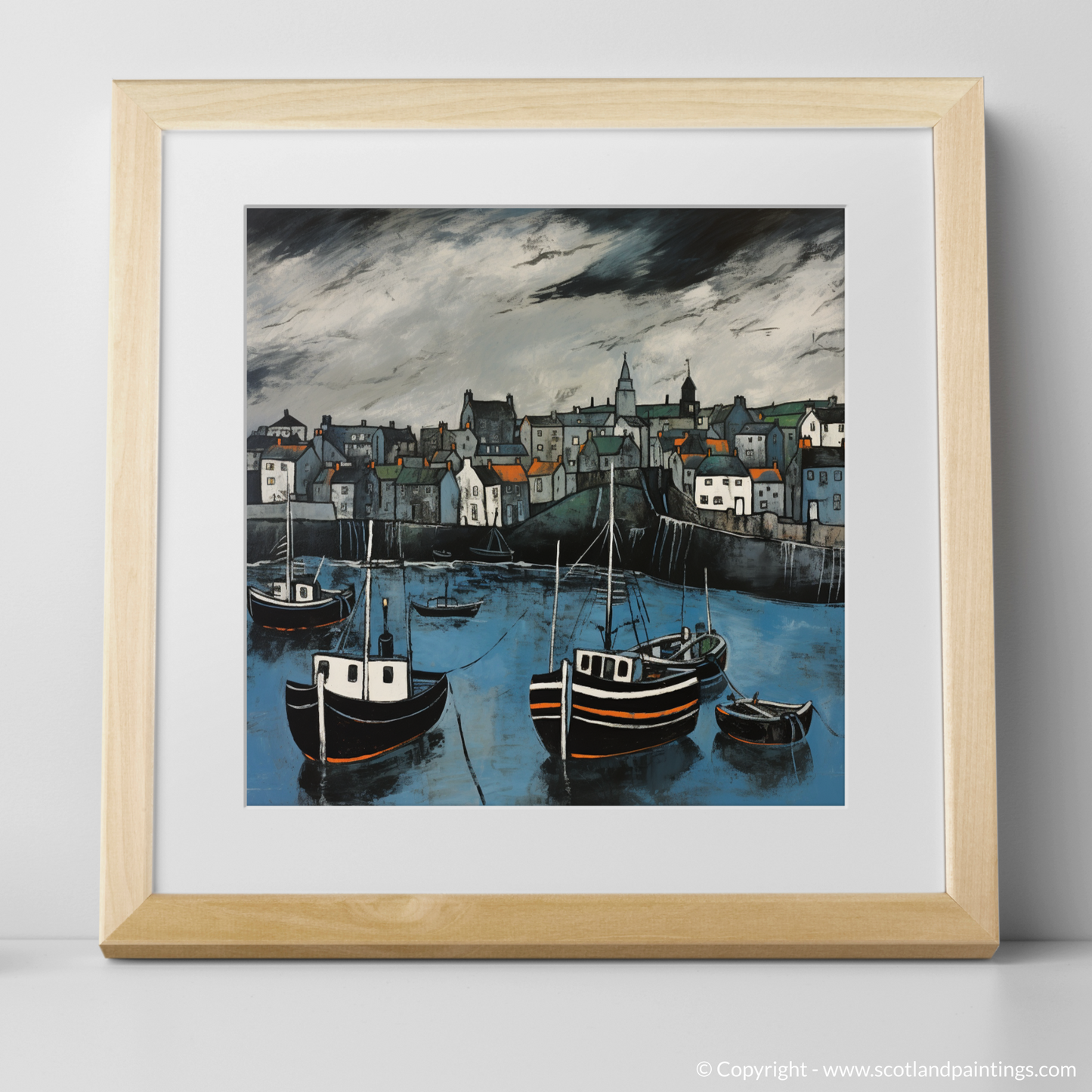 Painting and Art Print of Portsoy Harbour with a stormy sky. Stormy Skies over Portsoy Harbour: An Illustrative Expressionist Tribute.