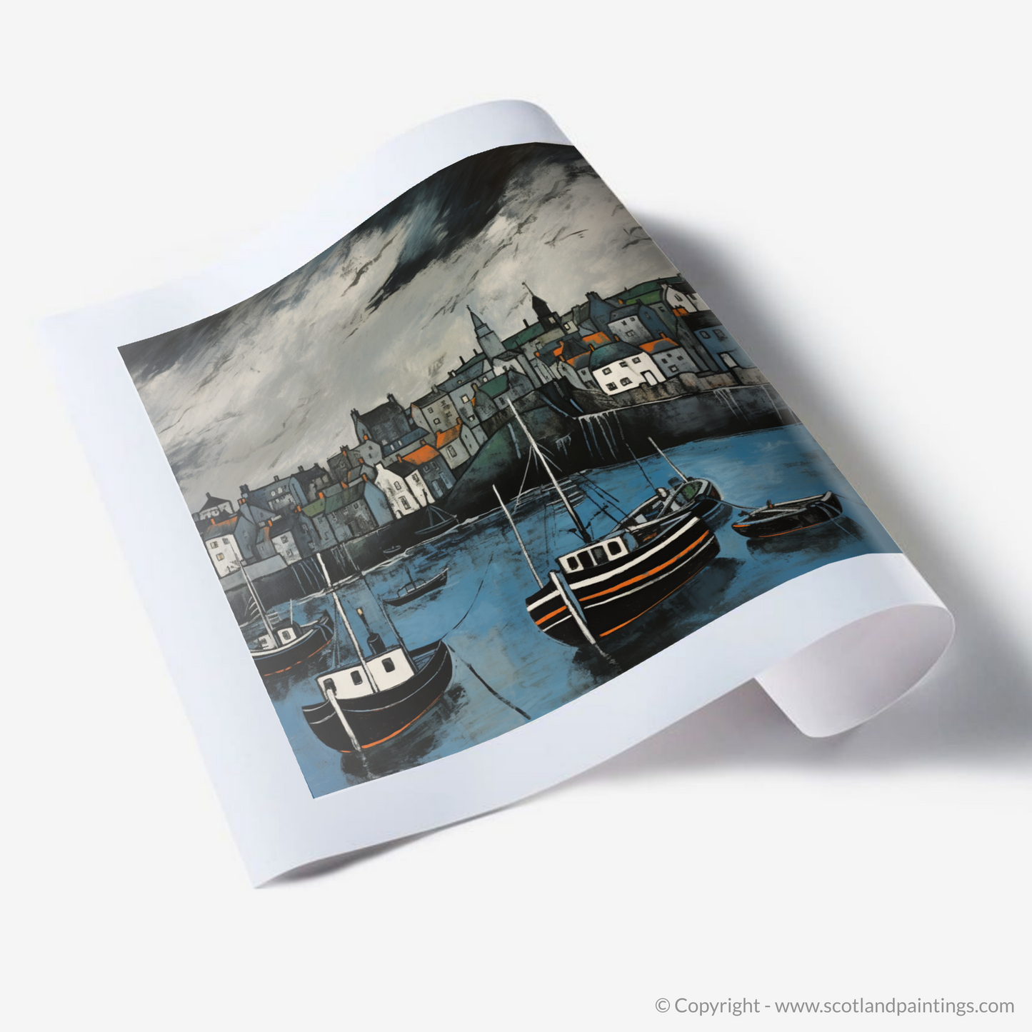 Painting and Art Print of Portsoy Harbour with a stormy sky. Stormy Skies over Portsoy Harbour: An Illustrative Expressionist Tribute.