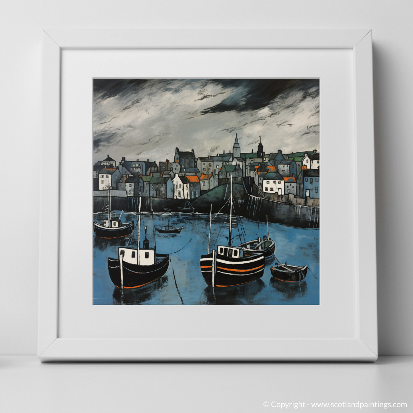 Painting and Art Print of Portsoy Harbour with a stormy sky. Stormy Skies over Portsoy Harbour: An Illustrative Expressionist Tribute.