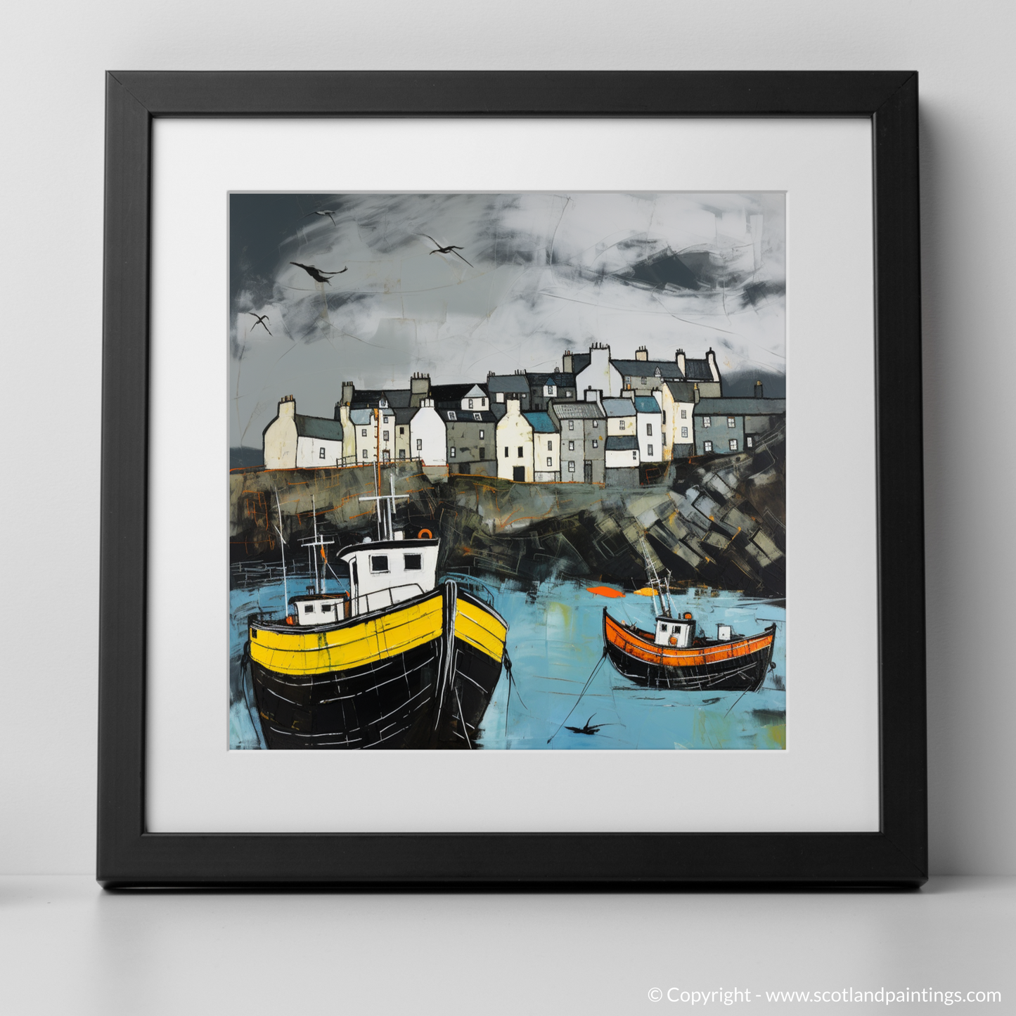 Art Print of Portsoy Harbour with a stormy sky with a black frame