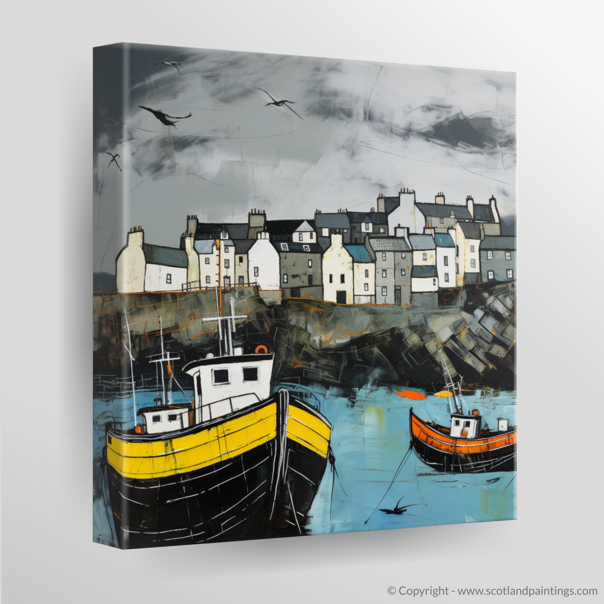 Canvas Print of Portsoy Harbour with a stormy sky