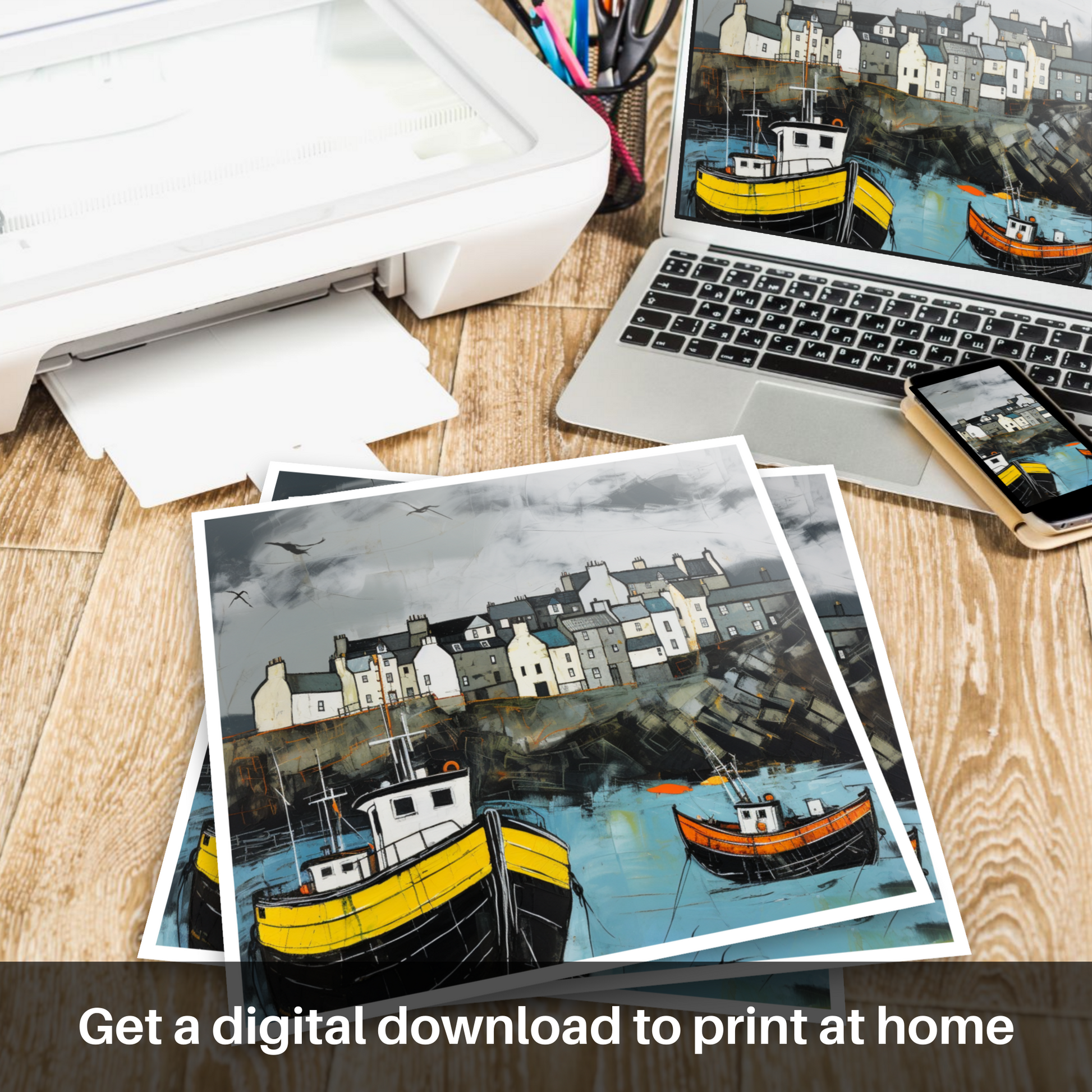 Downloadable and printable picture of Portsoy Harbour with a stormy sky