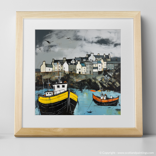 Art Print of Portsoy Harbour with a stormy sky with a natural frame