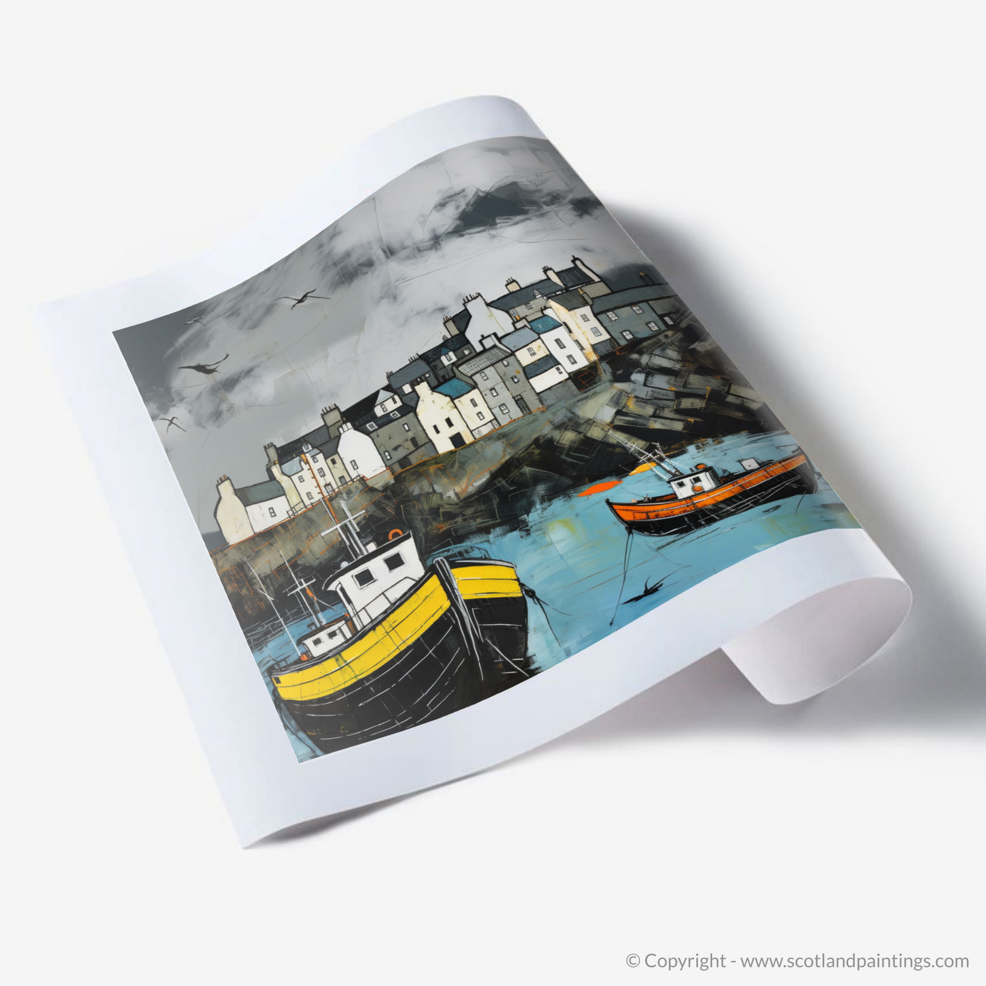 Art Print of Portsoy Harbour with a stormy sky