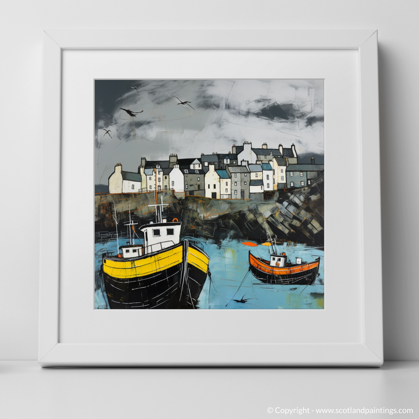 Art Print of Portsoy Harbour with a stormy sky with a white frame