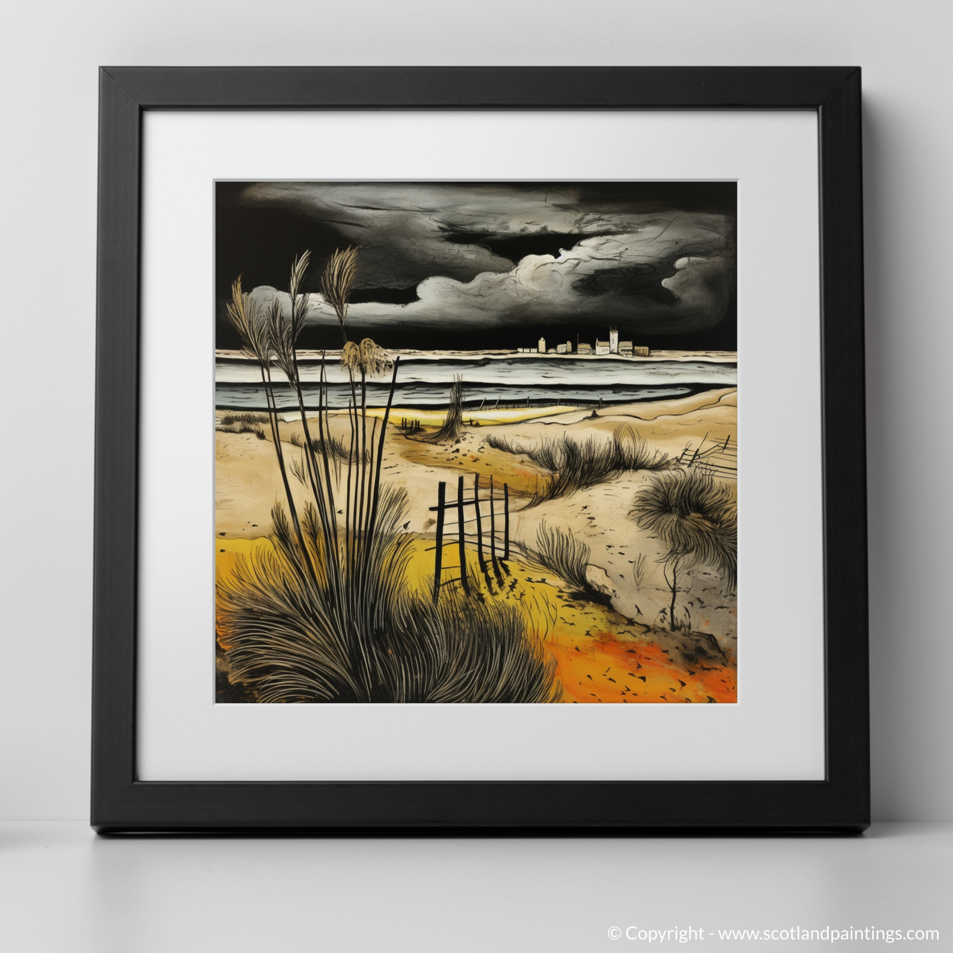 Art Print of West Sands with a stormy sky with a black frame