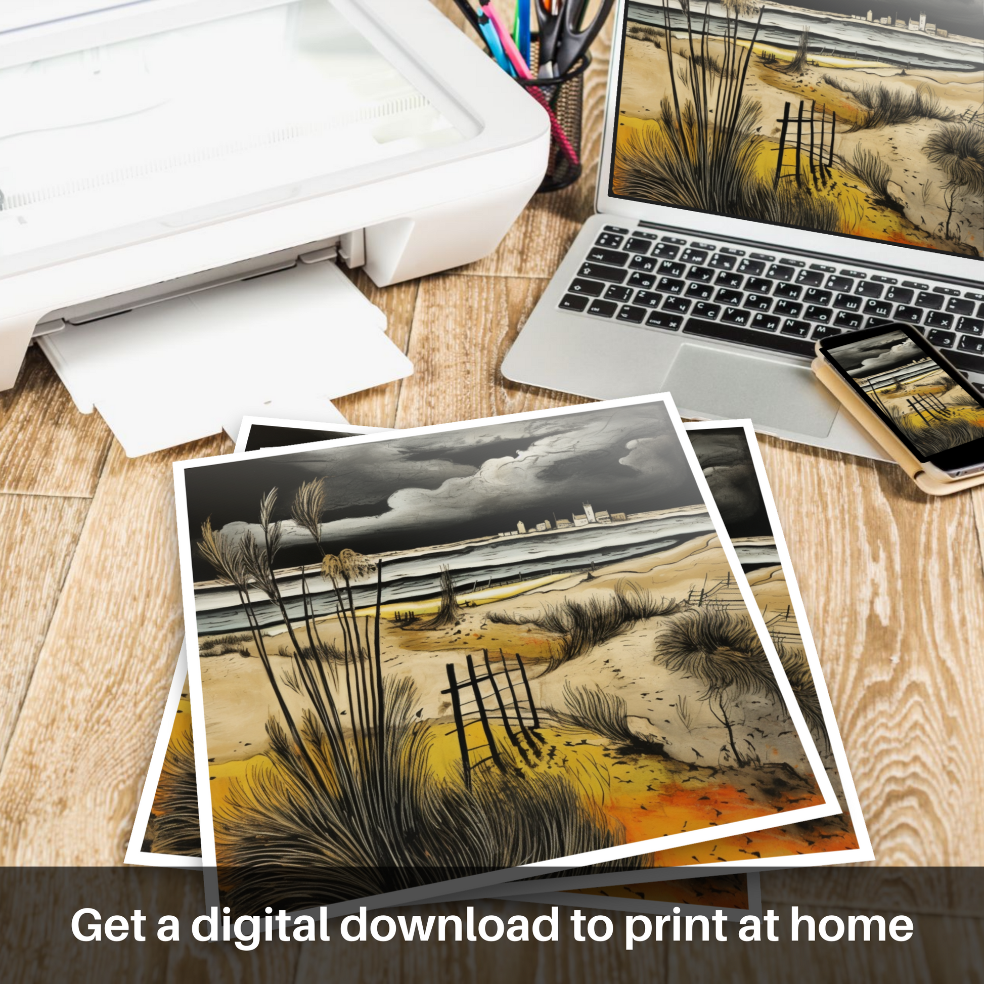 Downloadable and printable picture of West Sands with a stormy sky