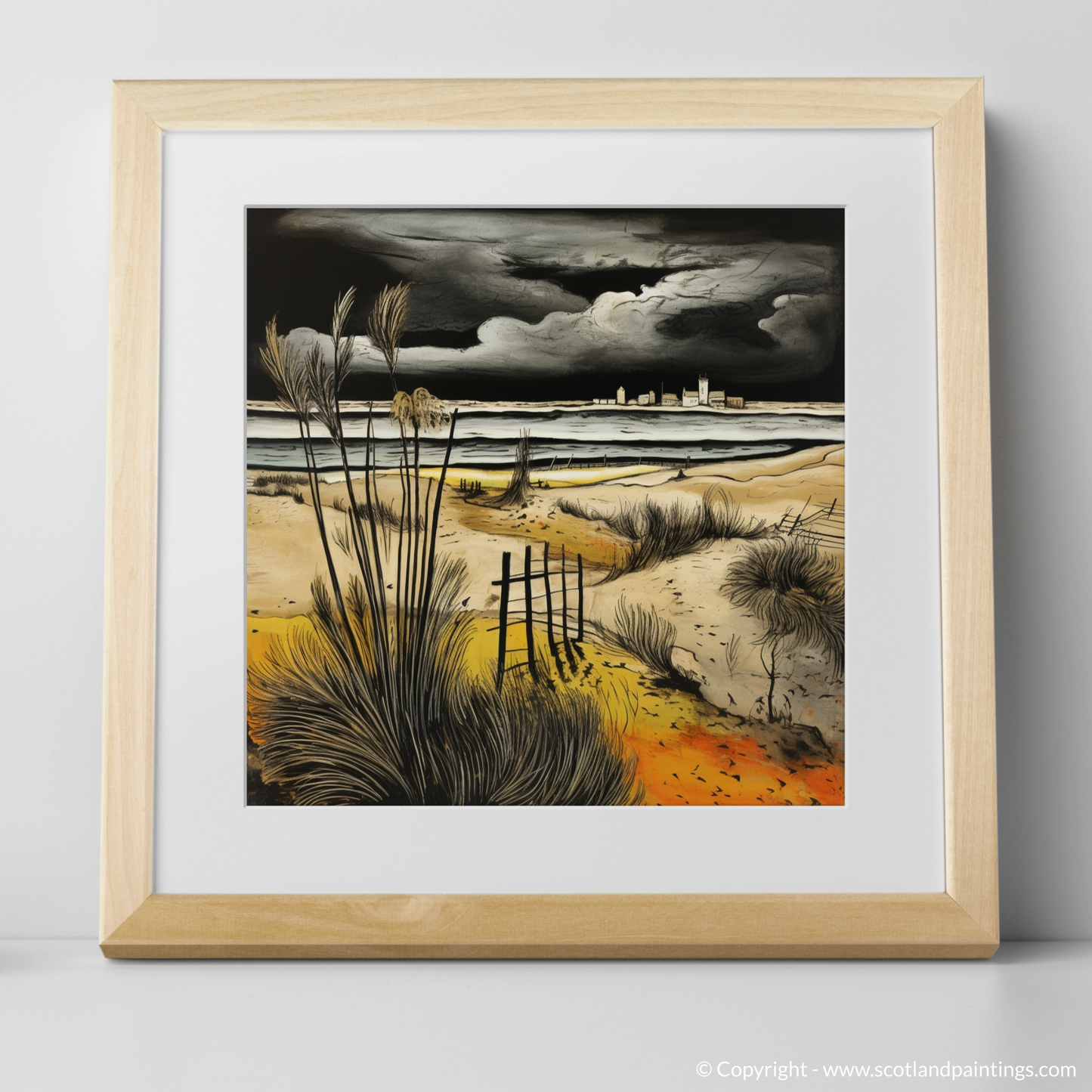 Art Print of West Sands with a stormy sky with a natural frame