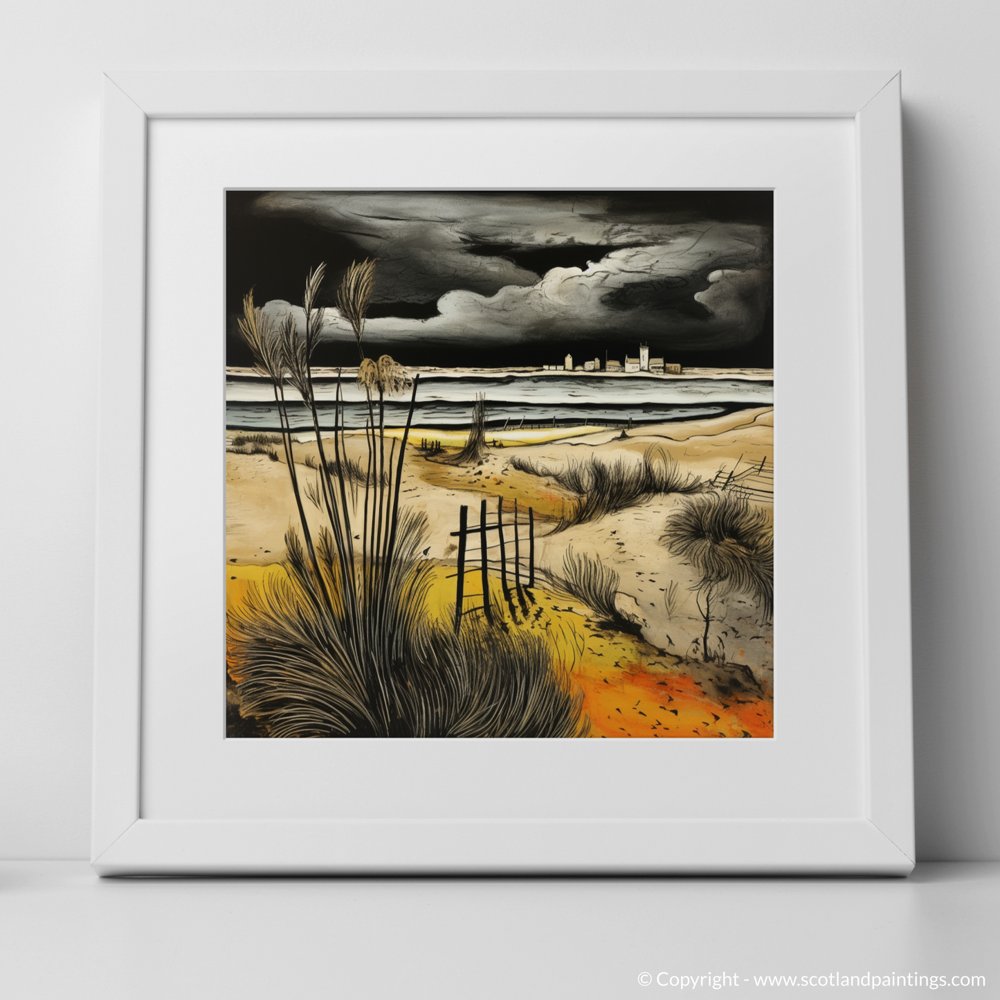 Art Print of West Sands with a stormy sky with a white frame