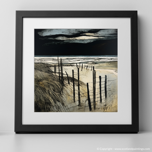 Art Print of West Sands with a stormy sky with a black frame