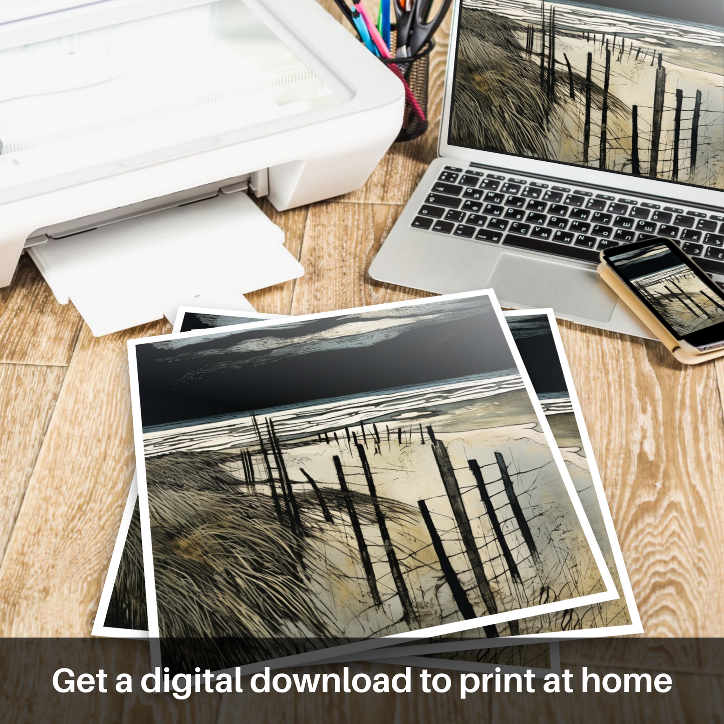 Downloadable and printable picture of West Sands with a stormy sky