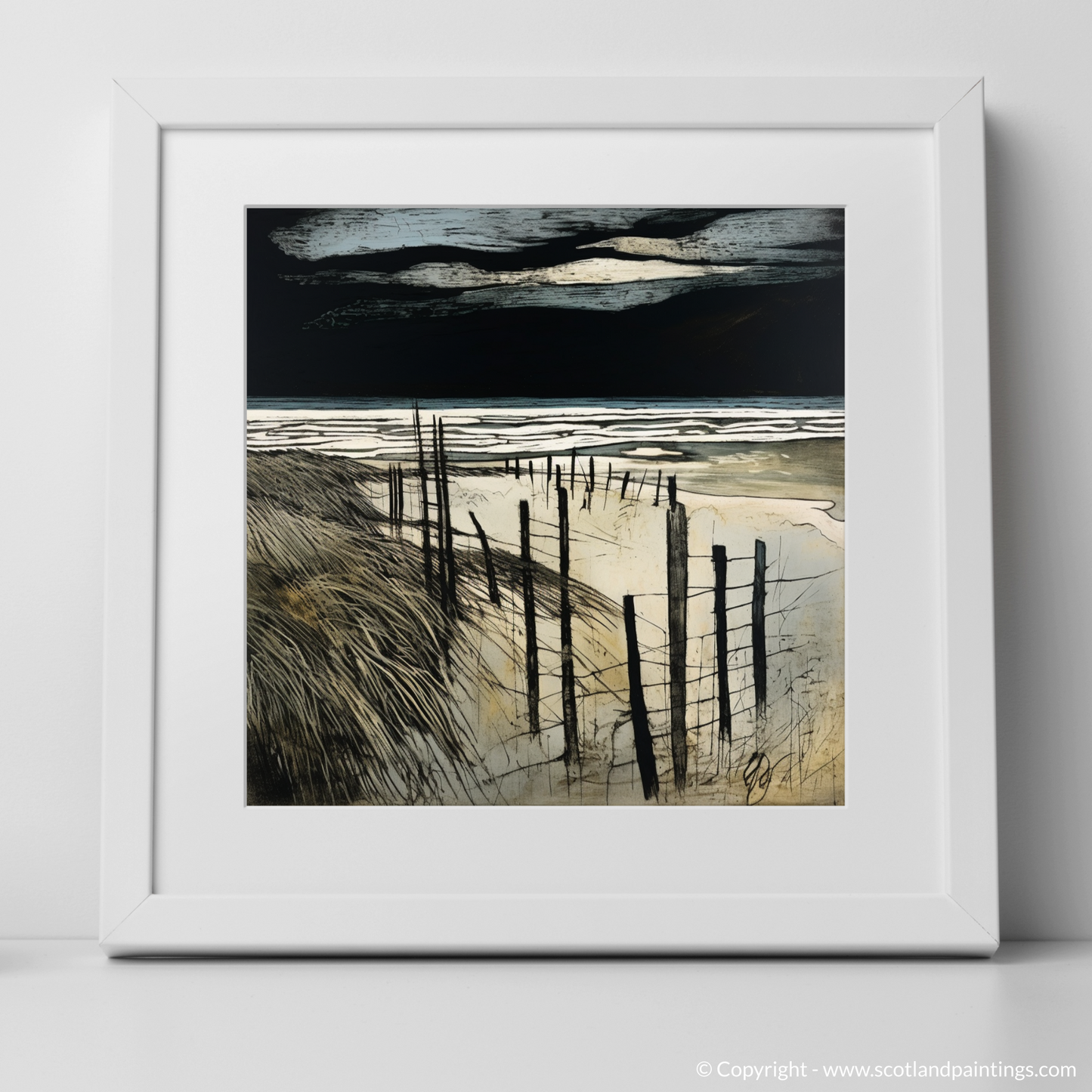 Art Print of West Sands with a stormy sky with a white frame