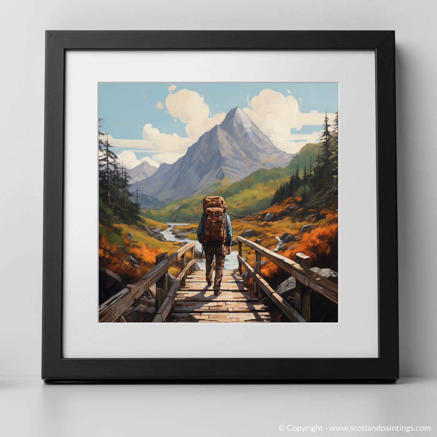 Highland Wanderer Crossing the Rustic Bridge of Glencoe