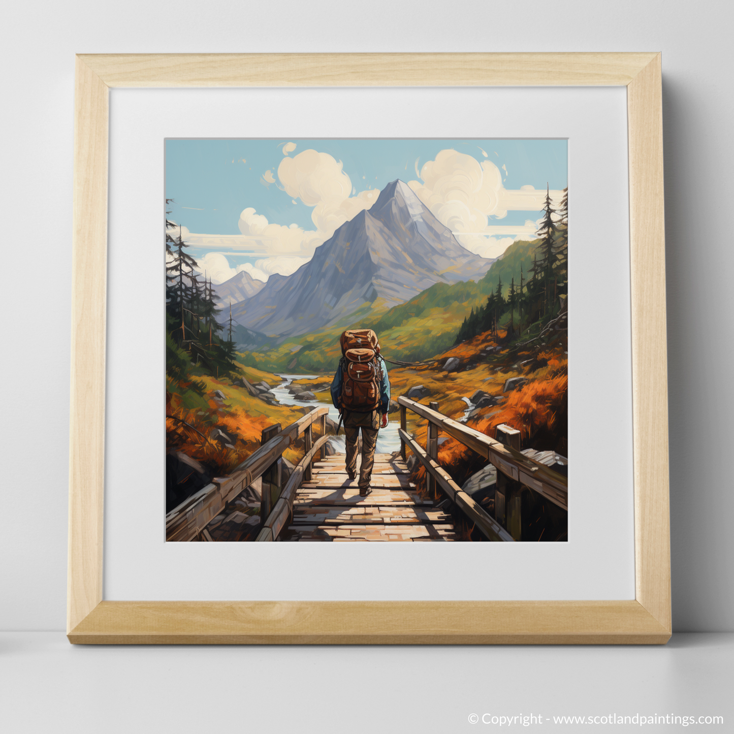 Highland Wanderer Crossing the Rustic Bridge of Glencoe