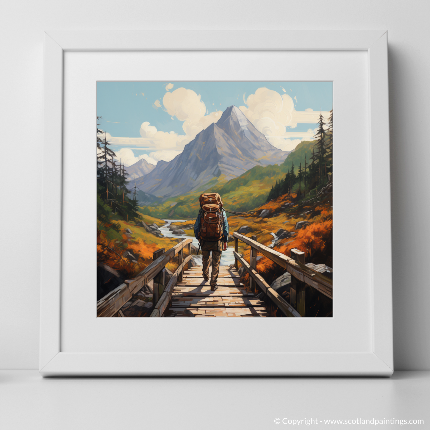 Highland Wanderer Crossing the Rustic Bridge of Glencoe