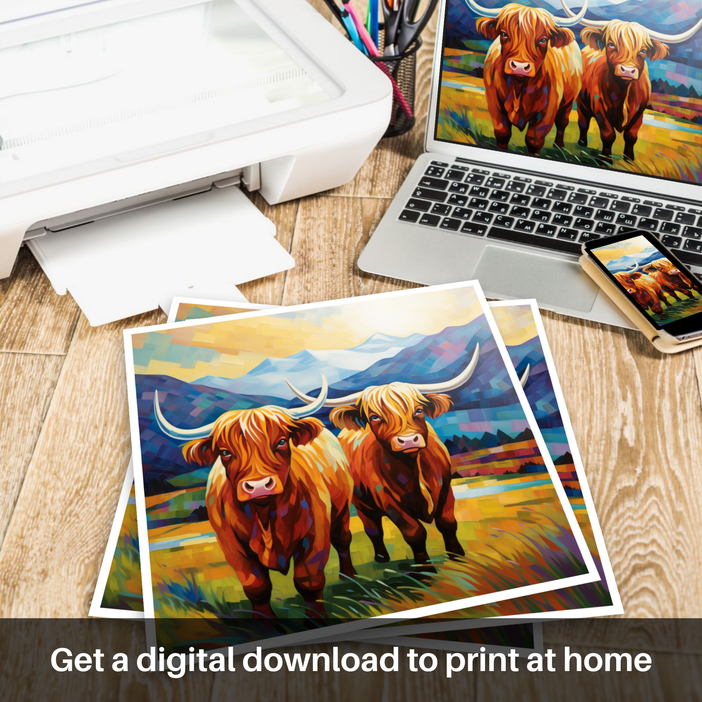 Cubist Highland Cows in the Glencoe Valley