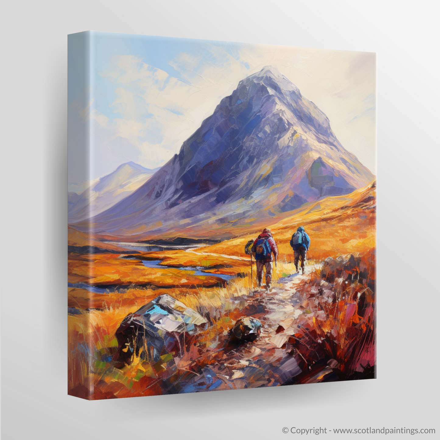 Hikers' Journey to Buachaille Summit at Golden Hour