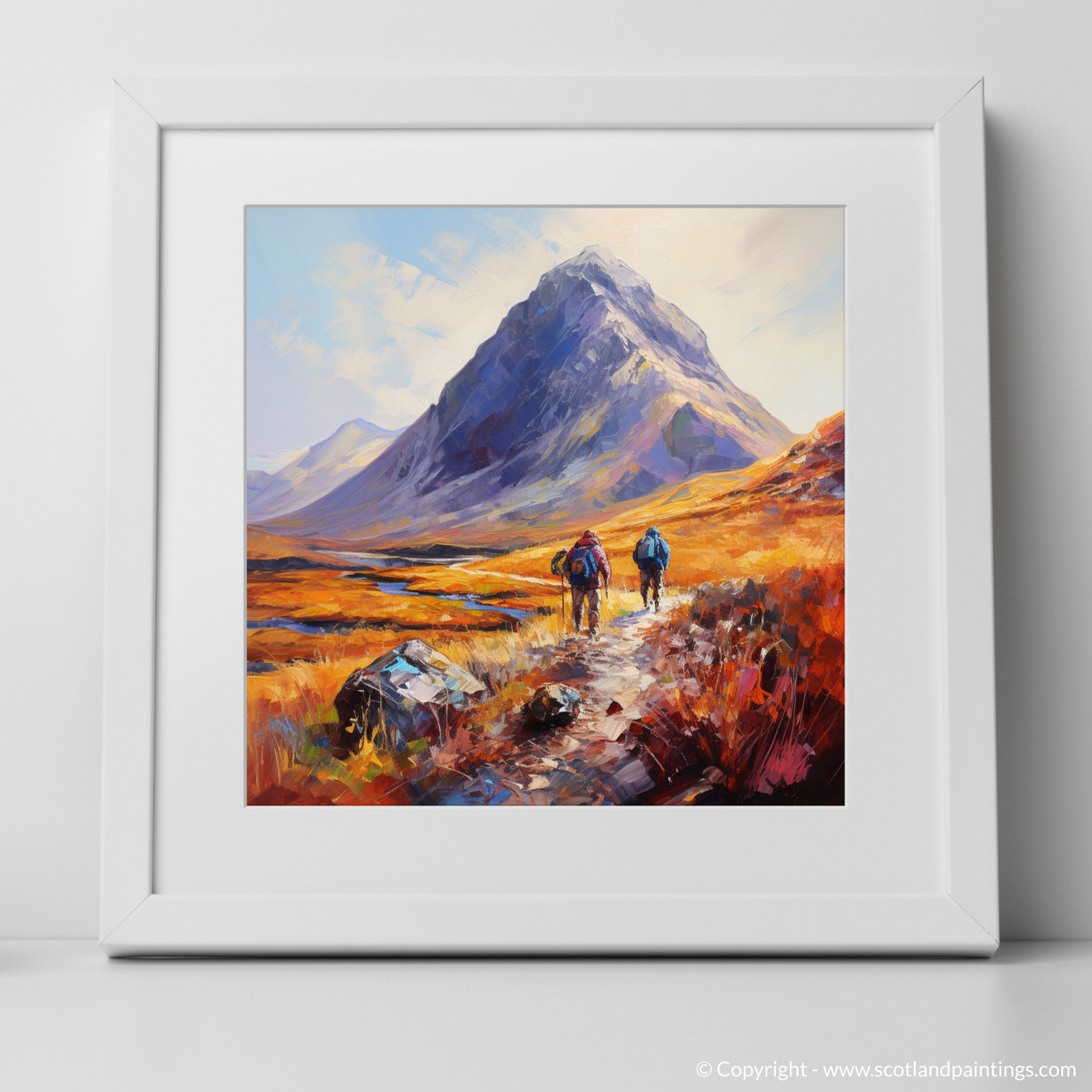 Hikers' Journey to Buachaille Summit at Golden Hour
