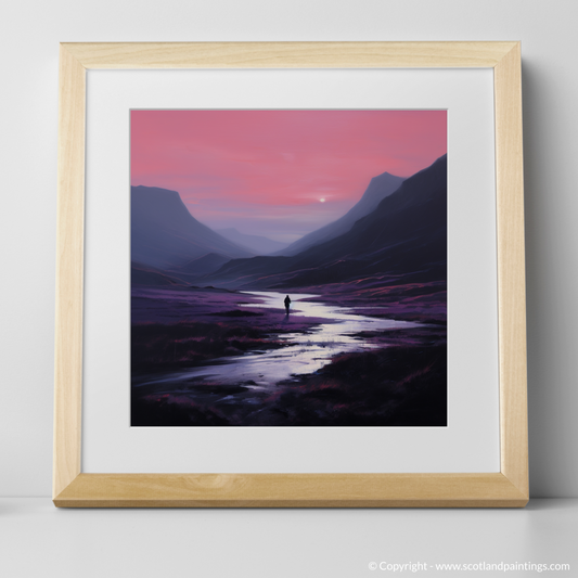 Art Print of Solitary walker at dusk in Glencoe with a natural frame