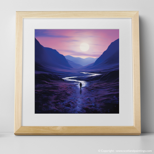 Art Print of Solitary walker at dusk in Glencoe with a natural frame