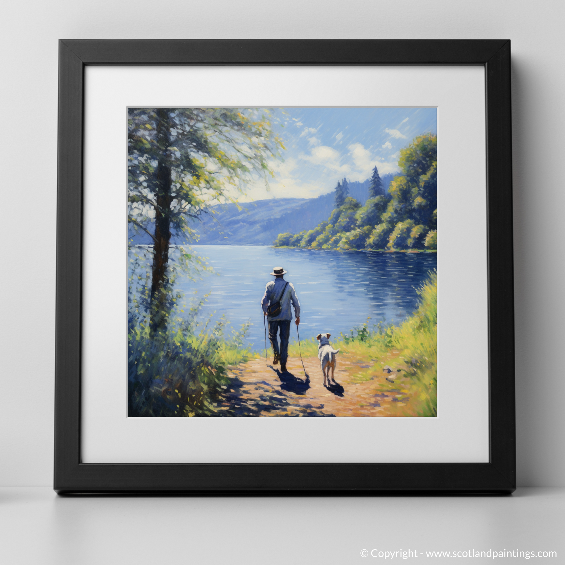 Art Print of A man walking dog at the side of Loch Lomond with a black frame