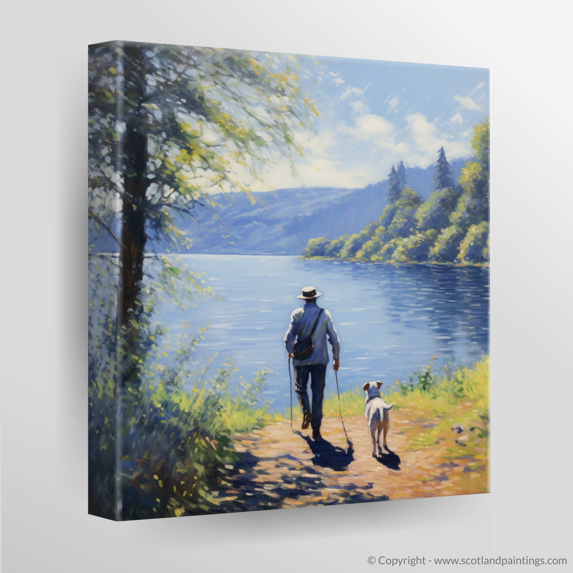 Canvas Print of A man walking dog at the side of Loch Lomond