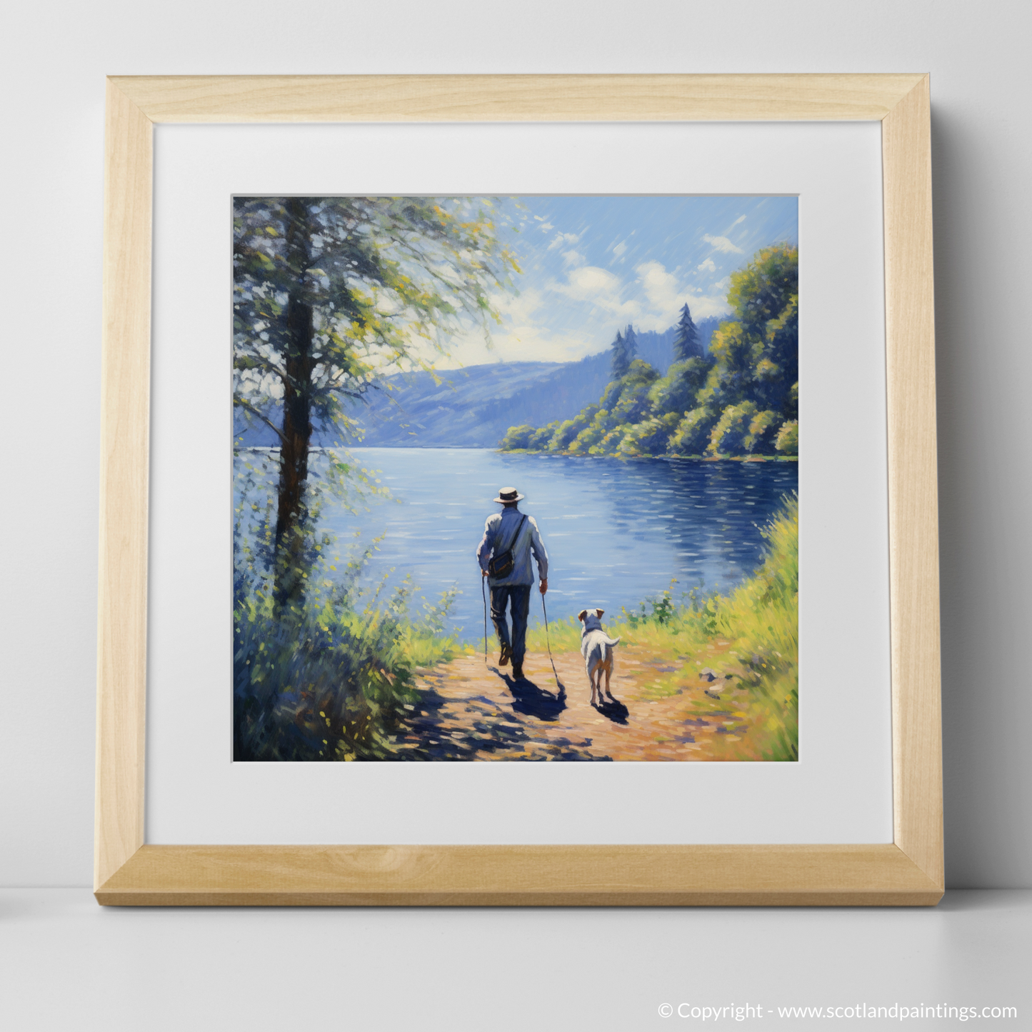 Art Print of A man walking dog at the side of Loch Lomond with a natural frame