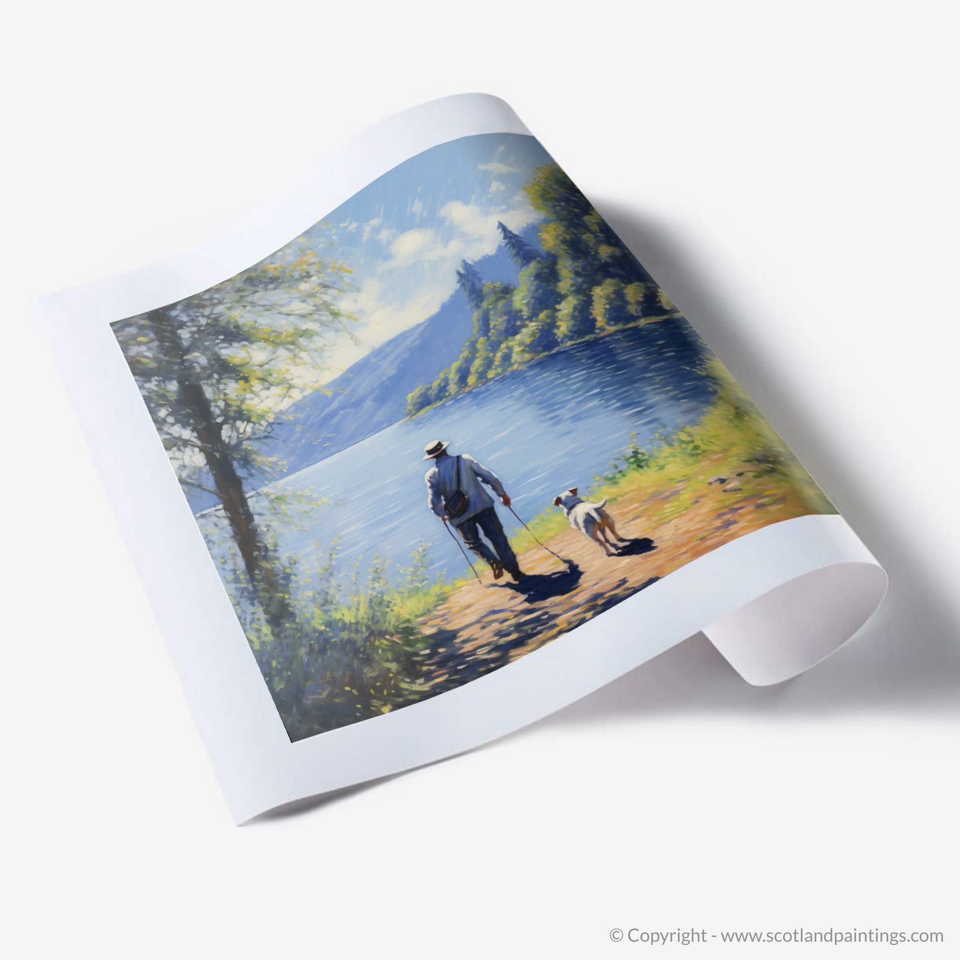 Art Print of A man walking dog at the side of Loch Lomond