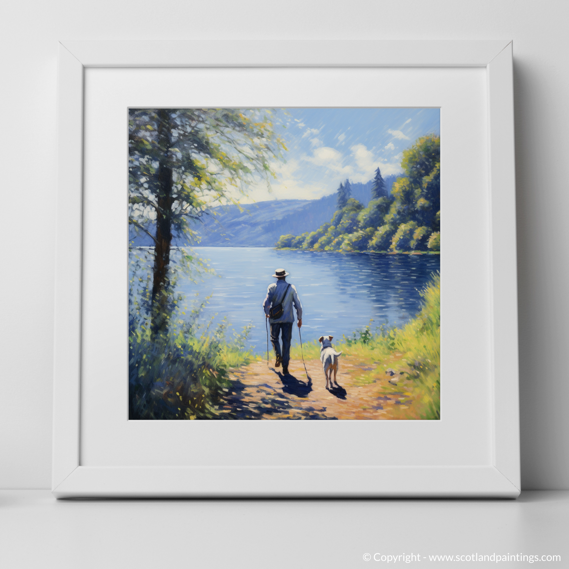 Art Print of A man walking dog at the side of Loch Lomond with a white frame