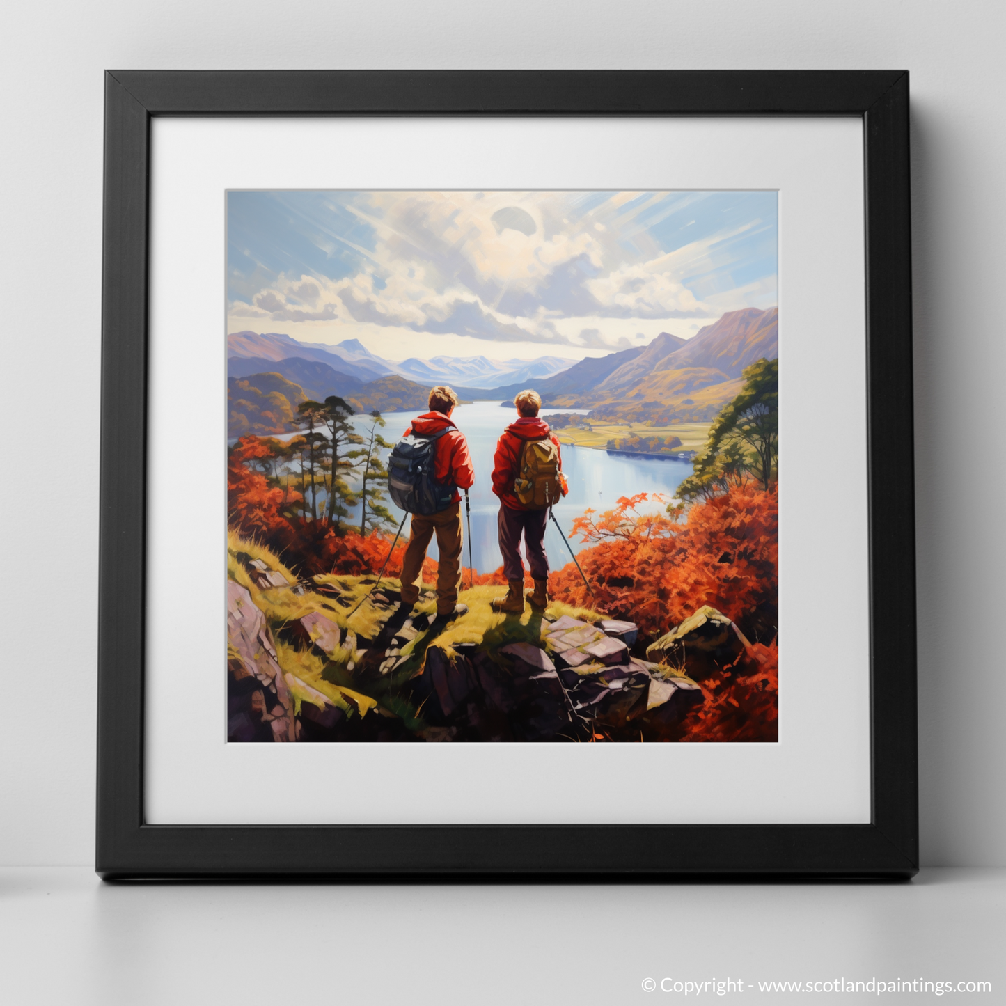 Art Print of Two hikers looking out on Loch Lomond with a black frame