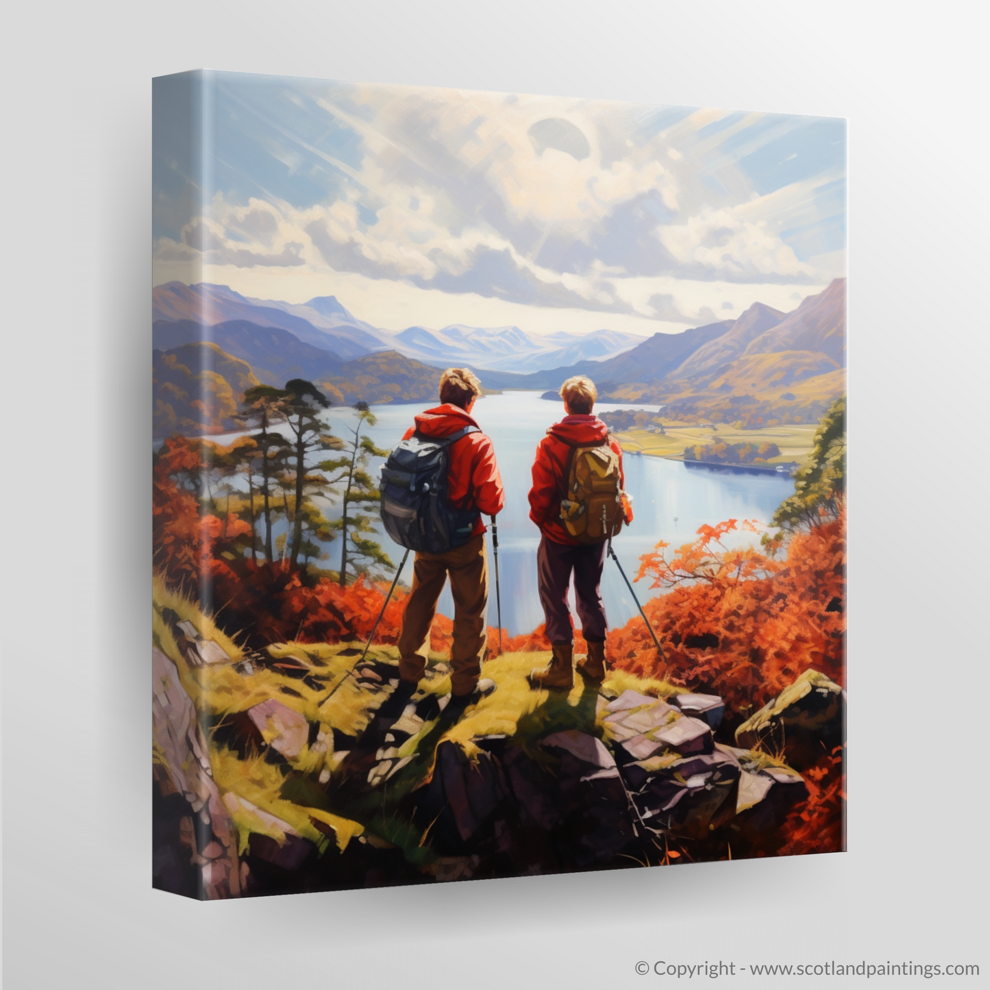 Canvas Print of Two hikers looking out on Loch Lomond