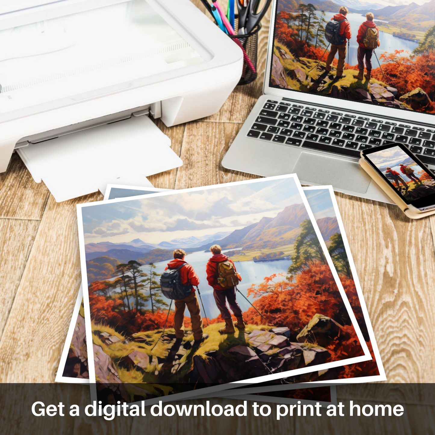 Downloadable and printable picture of Two hikers looking out on Loch Lomond