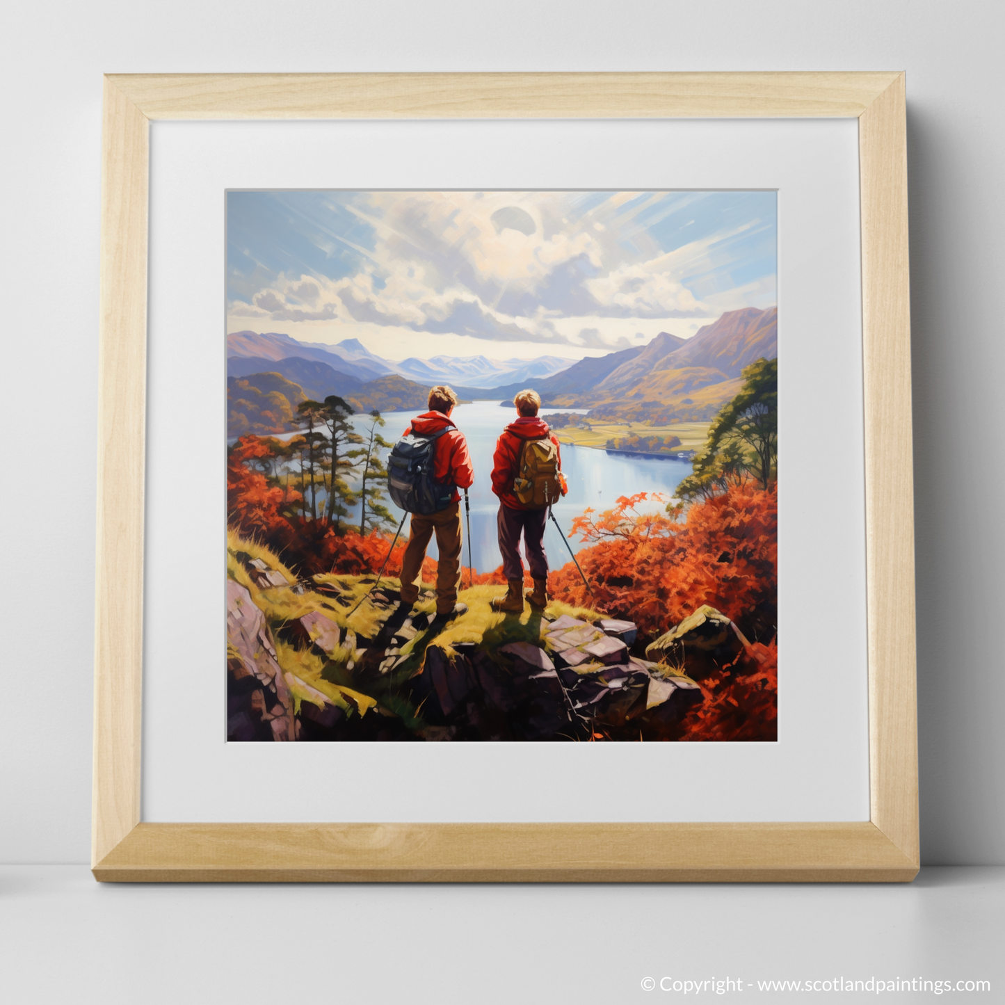 Art Print of Two hikers looking out on Loch Lomond with a natural frame