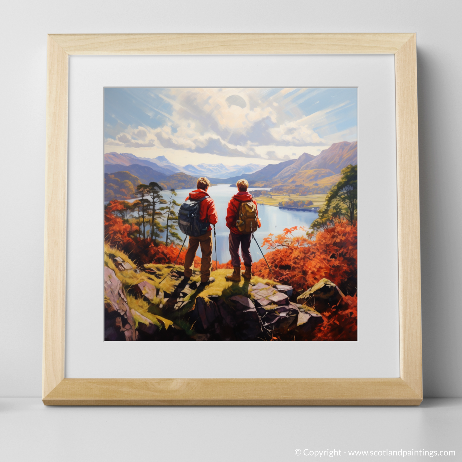 Art Print of Two hikers looking out on Loch Lomond with a natural frame