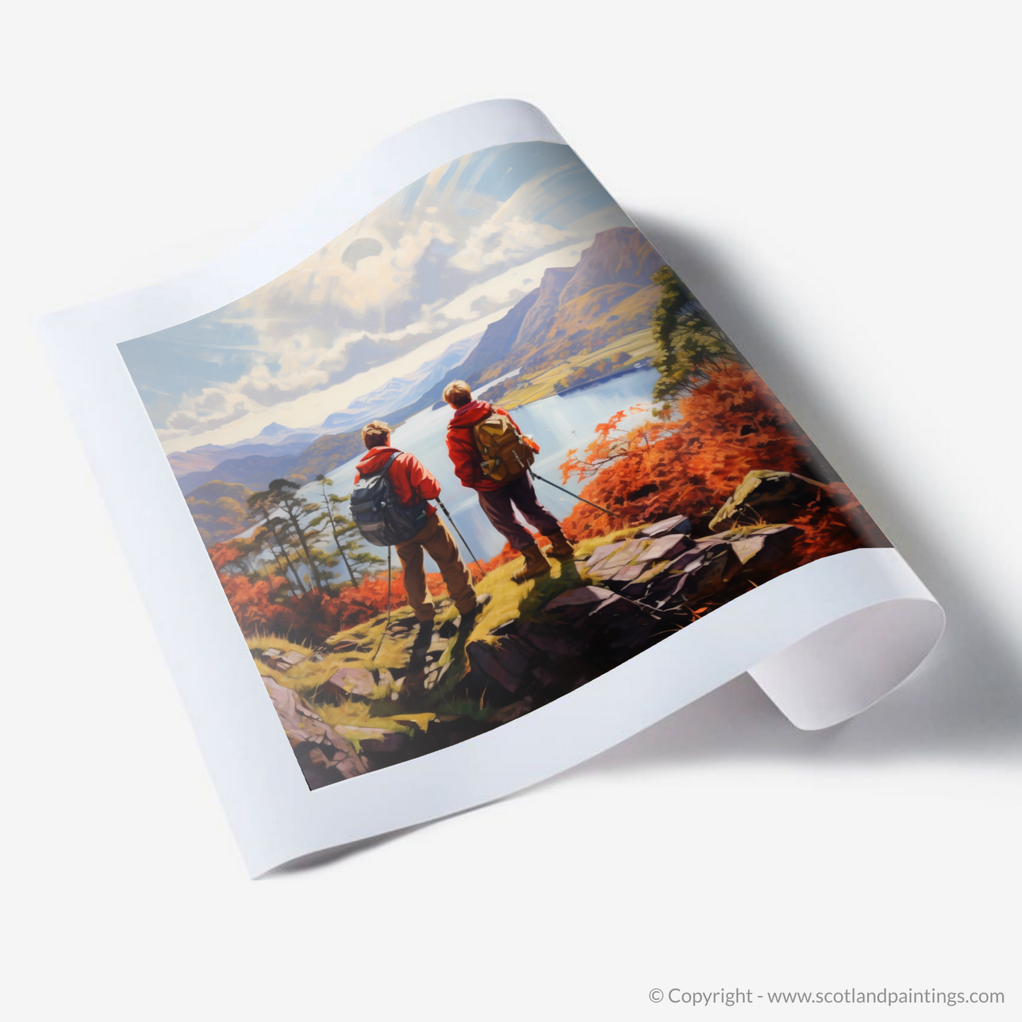 Art Print of Two hikers looking out on Loch Lomond