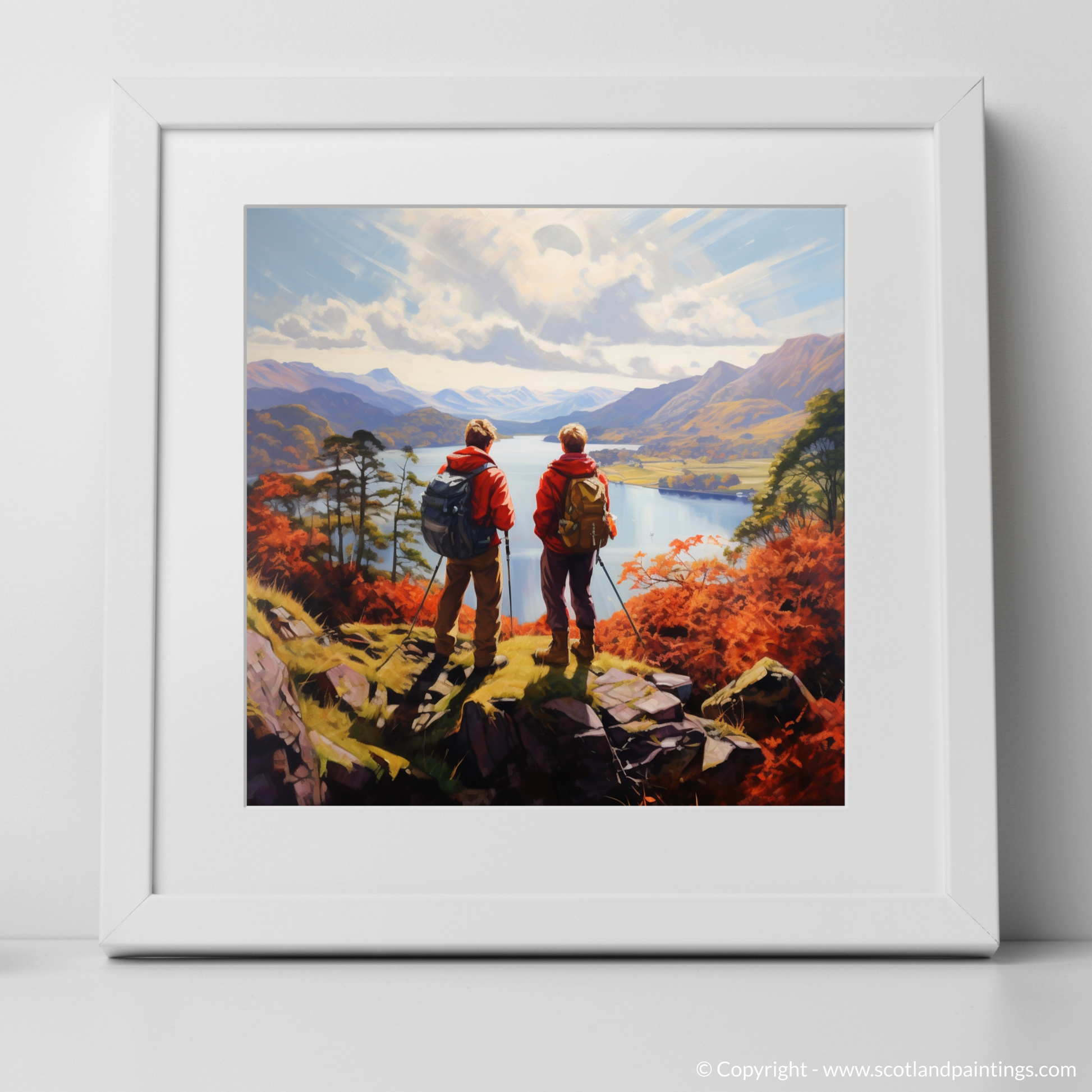 Art Print of Two hikers looking out on Loch Lomond with a white frame