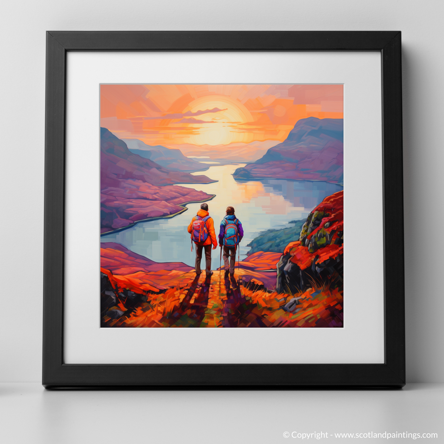 Art Print of Two hikers looking out on Loch Lomond with a black frame