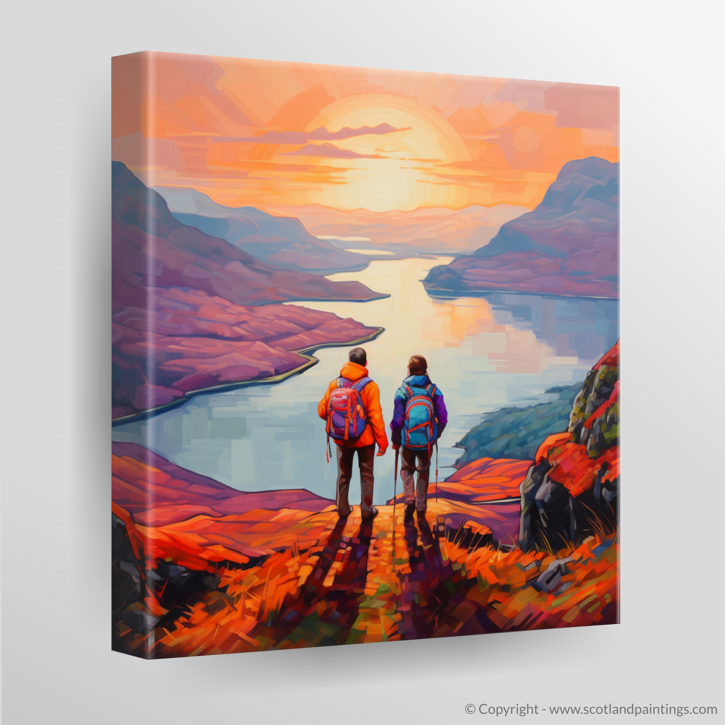 Canvas Print of Two hikers looking out on Loch Lomond