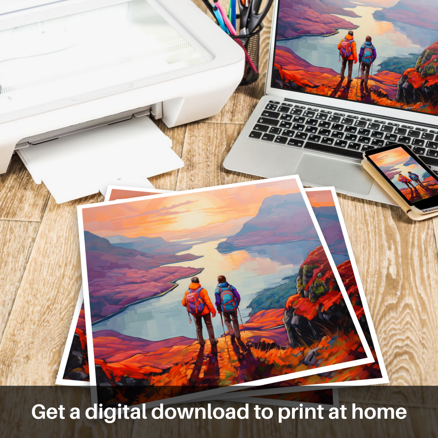 Downloadable and printable picture of Two hikers looking out on Loch Lomond