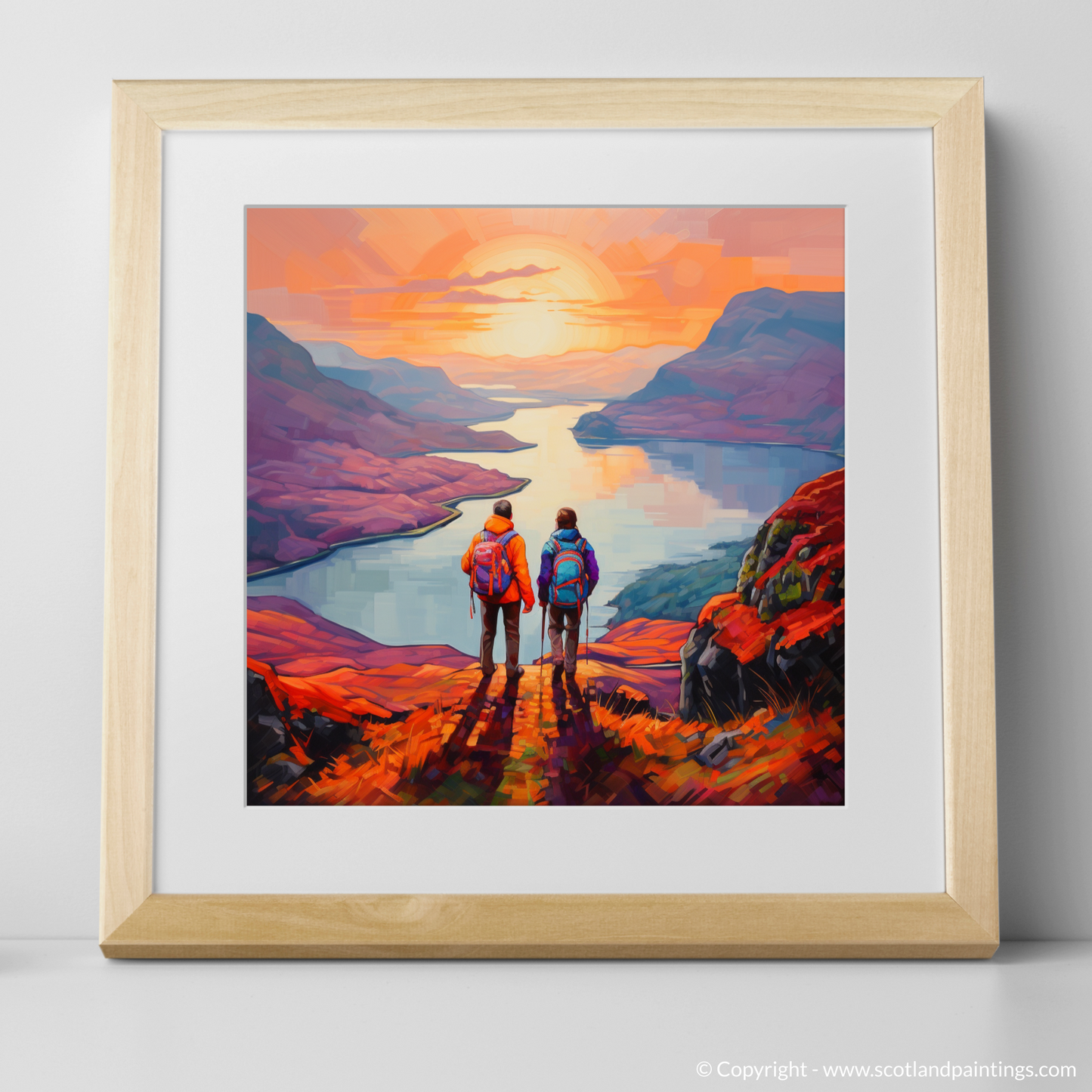 Art Print of Two hikers looking out on Loch Lomond with a natural frame